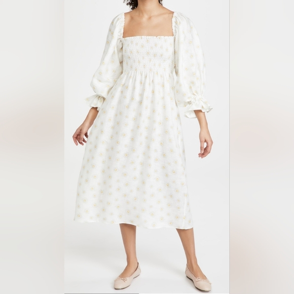 Sleeper Atlanta Floral Linen Smocked Long-Sleeve Midi Dress In White & Yellow XS Sleeper Atlanta Floral Linen Smocked Long-Sleeve Midi Dress In White & Yellow XS